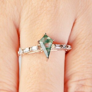 Natural Moss Agate Kite Cut Ring, Baguette Diamond Engagement Ring, Healing Gemstone Ring Statement Jewelry Rose Gold Plated Sterling Silver
