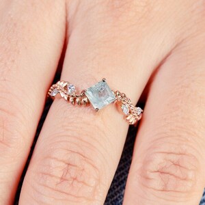 Princess Cut Moss Agate Ring - Nature Inspired Ring - Sterling Silver Rose Gold Plated Leaf Vine Twig Engagement Ring - Healing Jewelry