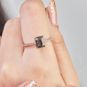 Rutilated Quartz Emerald Cut Ring-Natural Gemstone Ring-Salt and Pepper Engagement Ring-Dainty Promise Ring-Sterling Silver Rose Gold Plated