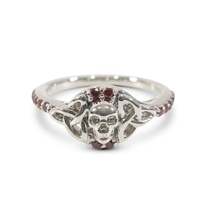 Celtic Skull Ring Women Sterling Silver Dainty Red CZ Gothic Engagement Rings Trinity Knot Goth Witch Halloween Jewelry Skull Promise Ring