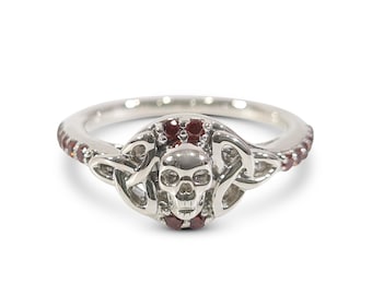 Celtic Skull Ring Women Sterling Silver Dainty Red CZ Gothic Engagement Rings Trinity Knot Goth Witch Halloween Jewelry Skull Promise Ring