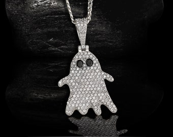 Moissanite Diamond Icedout Ghost Necklace Halloween Ghost Pendant Locket With Chain Sterling Silver Gothic Jewelry Hip Hop Gift Mens Womens