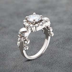 14k White Gold Skull Engagement Ring Halo AAA CZ Diamond Skull Wedding Ring for Women Gothic Promise Ring for Her Floral Leaf Skull Jewelry