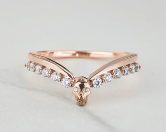 Skull Stackable Ring - Dainty Curved Wedding Band, Sterling Silver Witchy Jewelry