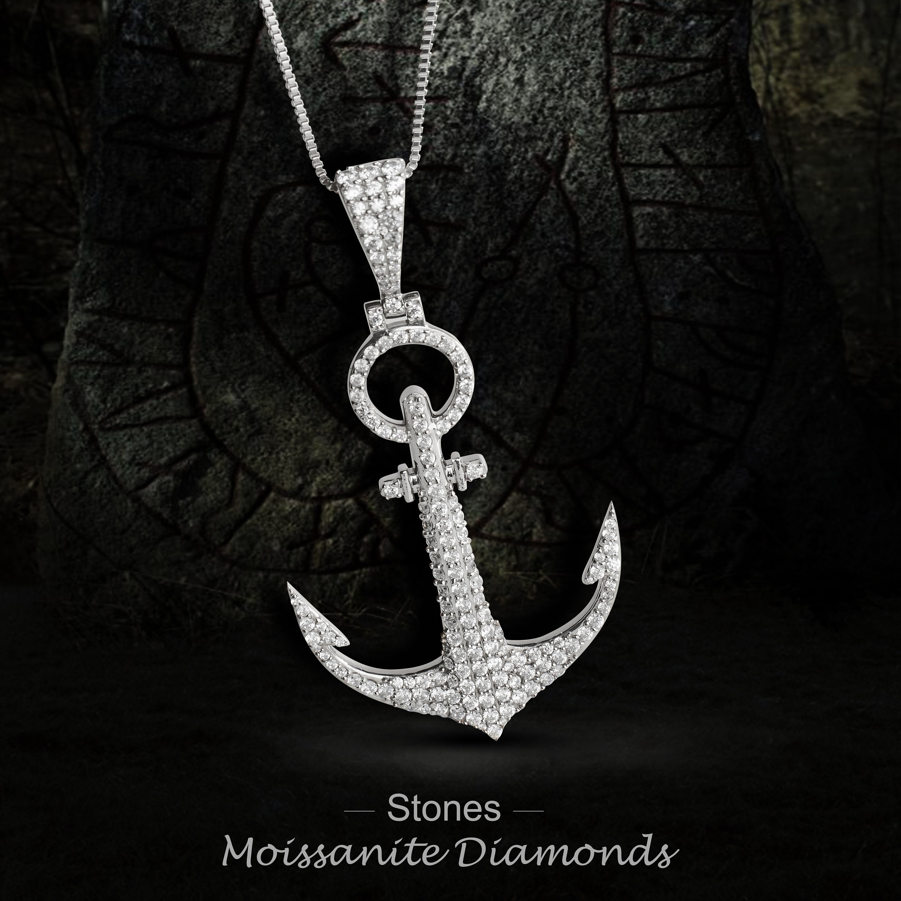 Iced Out Anchor Pendant Necklace Sterling Silver Nautical Hip Hop