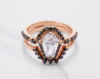 Coffin Cut Bridal Ring Set, AAA Cubic Zirconia Diamonds Halo Engagement Ring, 14k Rose Gold, Gothic Wedding Rings, Coffin Jewelry Halloween