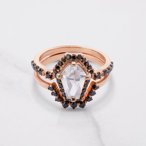 Coffin Cut Diamond Bridal Ring Set, AAA Cubic Zirconia Halo Statement Engagement Ring 14k Rose Gold Gothic Wedding Rings Set, Coffin Jewelry