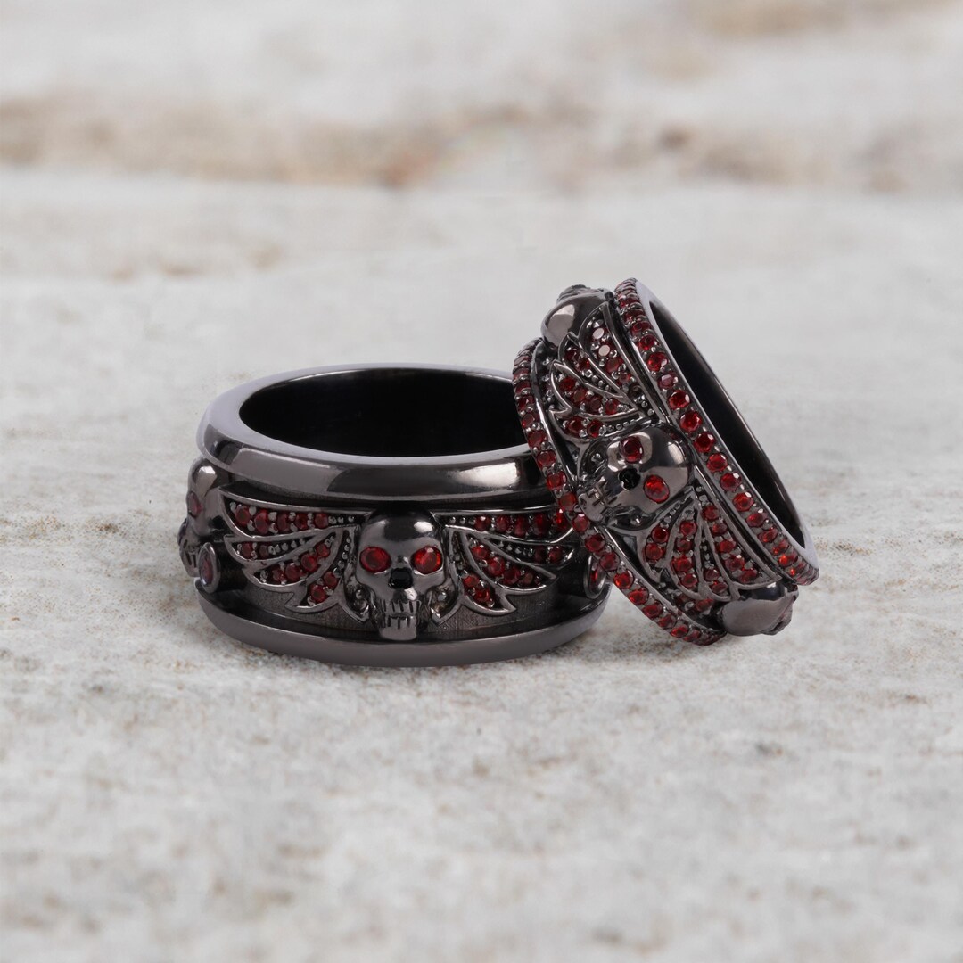 Winged Skull Engagement Wedding Ring Set His and Her Angel of Death ...