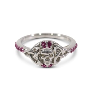 Sterling Silver Skull Ring Women Dainty Skull Promise Ring for Her Gothic Engagement Ring Ruby Pink CZ Celtic Trinity Halloween Jewelry Gift