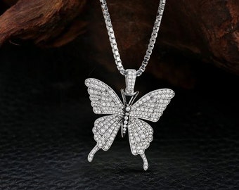 Butterfly Necklace, Moissanite Diamond Encrusted Iced Out Butterfly Pendant Necklace 925 Sterling Silver Icy Bling Jewelry Gift for Daughter