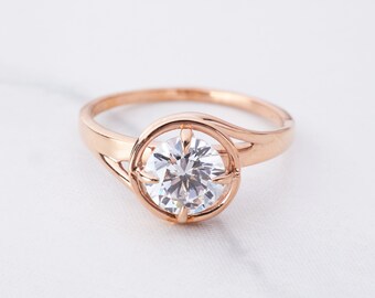 7mm Round 1.30CT Solitaire Moissanite Engagement Rings, Swirl Design Solid Rose Gold Proposal Promise Wedding Ring, Anniversary Gift for Her