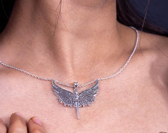 大天使ネックレス - スターリングシルバー キュービックジルコニア ブラックウィングペンダント、彼女へのクリスマスプレゼント