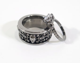 Diamond Skull Couple Rings - Fleur De Lis Wedding Band, His and Her Gothic Jewelry
