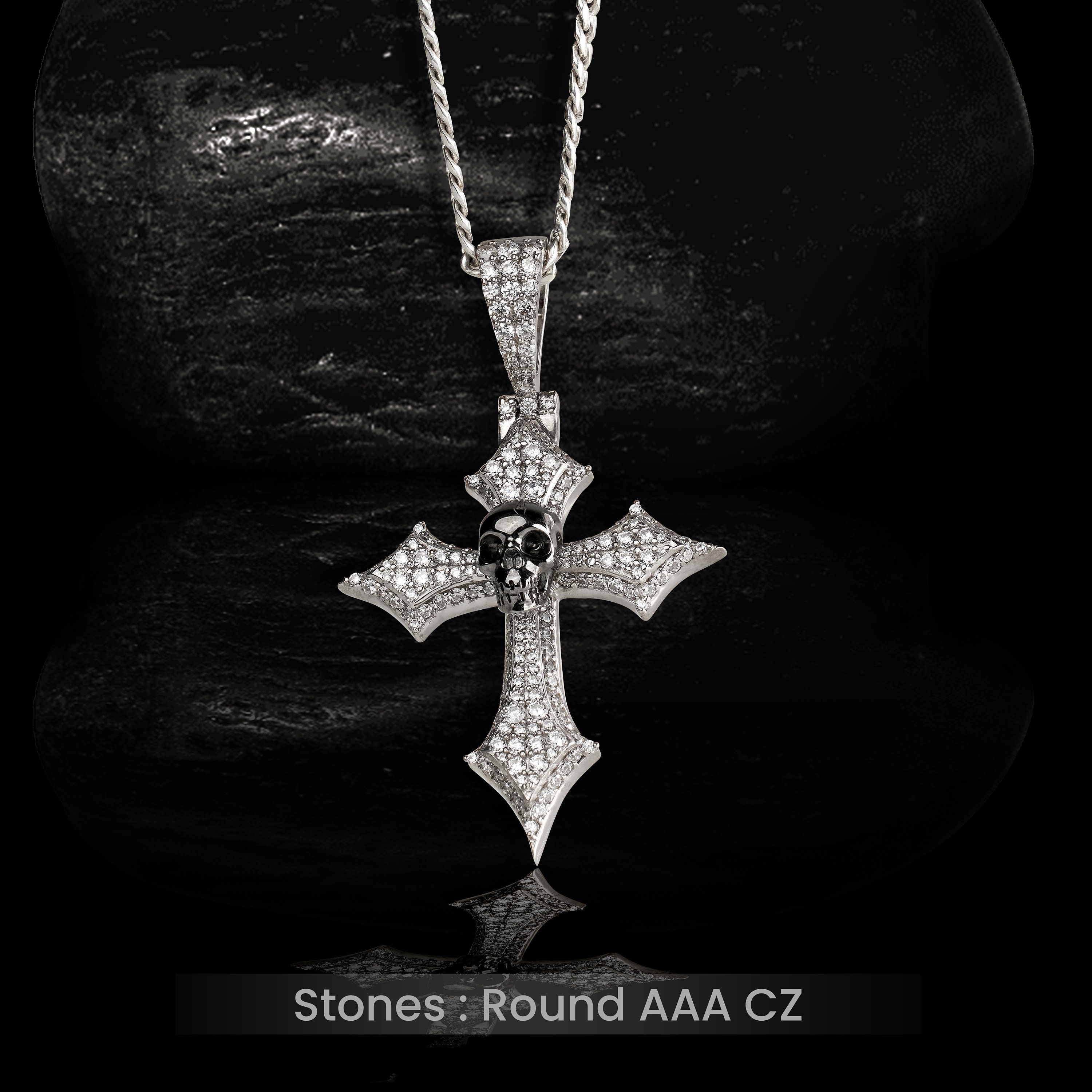 Iced Out Skull Cross Pendant Necklace With Chain Sterling Silver