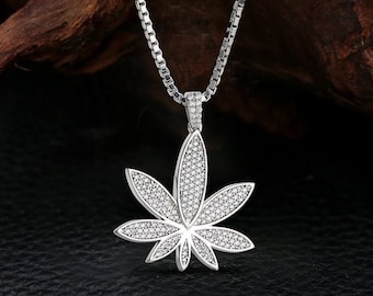 Marijuana Necklace, 420 Necklace, AAA CZ Diamond Iced Out Marijuana Pendant, 925 Sterling Silver Weed Cannabis Leaf Necklace, Stoner Gift