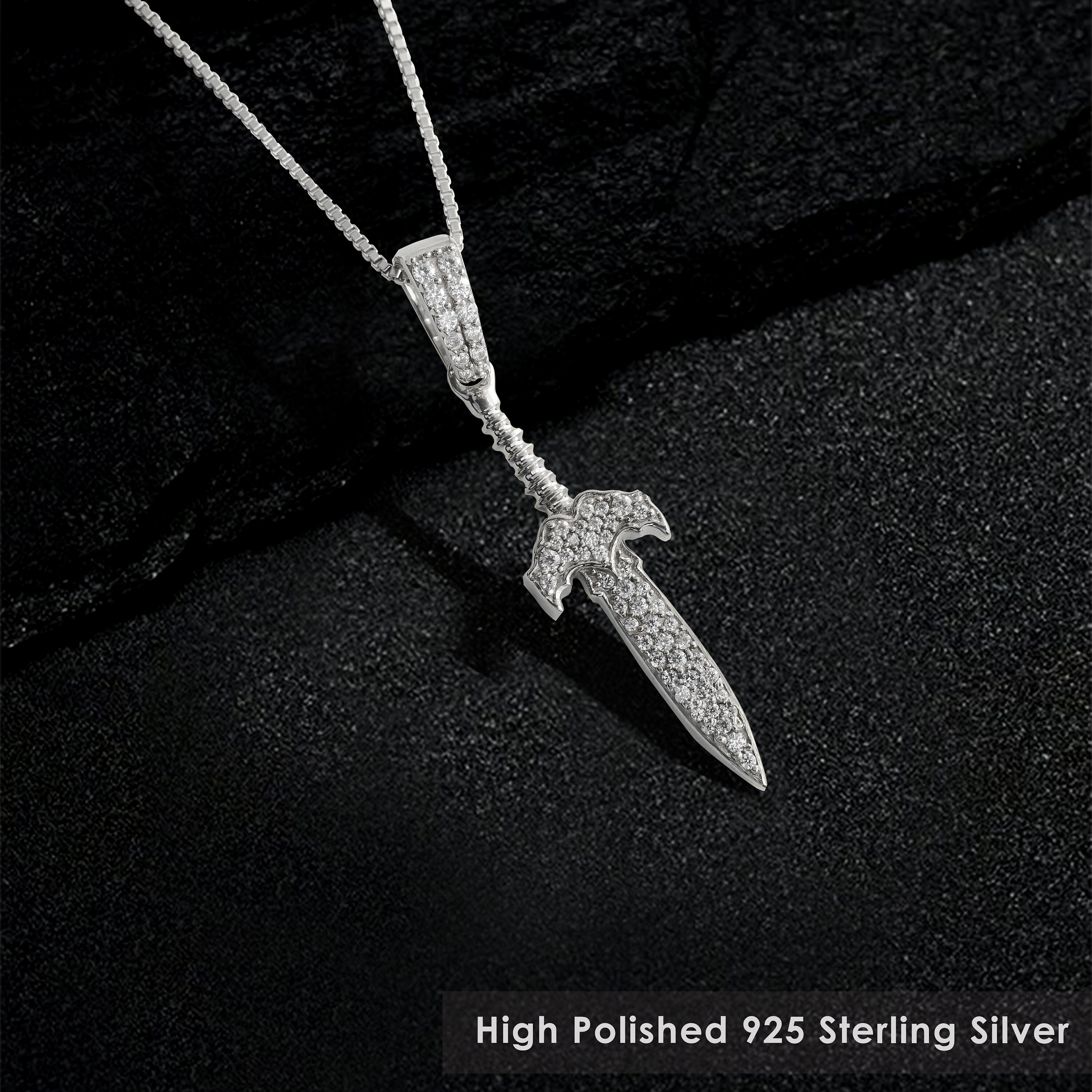 Iced Out Dagger Pendant Necklace - Sterling Silver Pave-set CZ