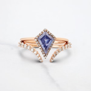 Unique Bridal Ring Set, Kite Cut Blue Titanic Gemstone and Halo Moissanite Statement Engagement Ring, Open Curved Wedding Band, Solid Gold