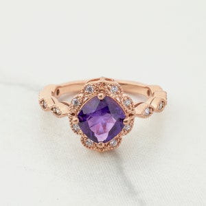 1920&#39;s Inspired Vintage Style Cushion Cut Natural Amethyst Engagement Ring Art Deco Milgrain 14k Rose Gold Purple Gemstone Statement Jewelry