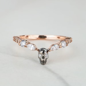 Two Tone Skull Ring Enhancer Wedding Band for Women, 925 Sterling Silver Marquise Round Cut AAA CZ Engagement Stacking Band, Dainty Gothic