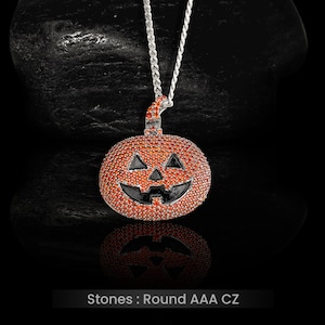 Collar con colgante de calabaza helada, plata de ley 925, naranja, circonita AAA, estilo gótico, Halloween, truco o trato, joyería hip hop.