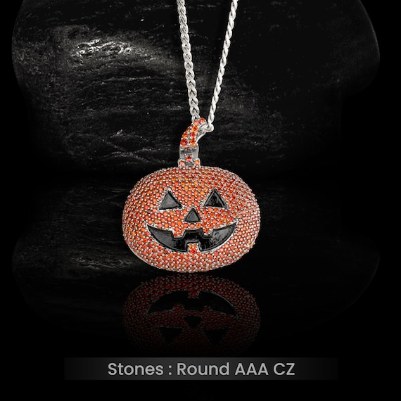 Jack O Lantern Necklace, Iced Out Pumpkin Pendant Necklace 925
