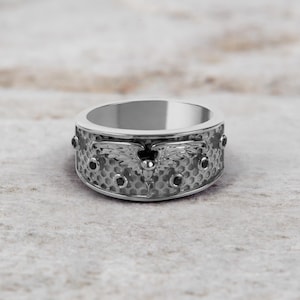 Raven Ring with Wings, 925 Sterling Silver Black Moissanite Raven Wedding Band, Norse Viking Jewelry, Gothic Anniversary Band, Textured Ring