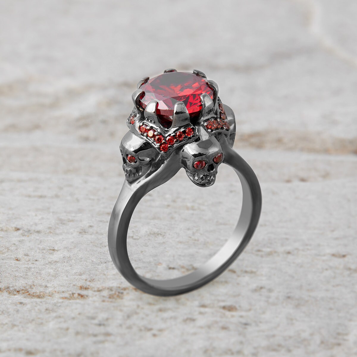 YANLNER925 Gothic Skull Ring With Red Crystal – Black Gold Plated Statement Ring For Women (Size 8)