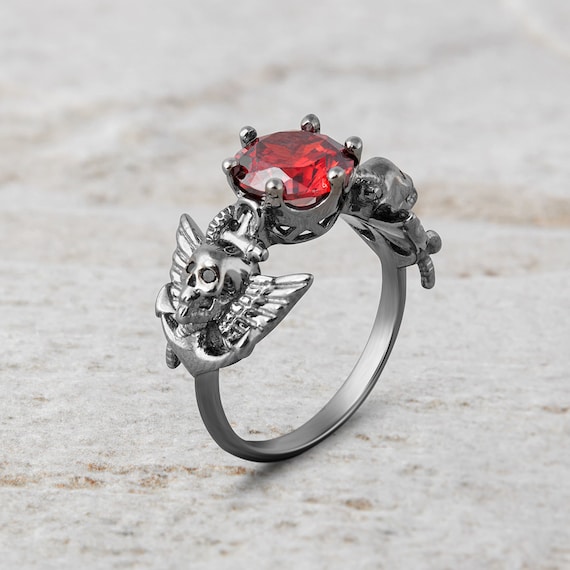 Anillo de alas de ángel oscuro y calavera de plata de ley 925