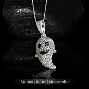 Sterling Silber Niedliche Geist Halskette - Moissanite Iced Out Geist Anhänger mit Kette Gothic Halloween Schmuck Spooky Charm Hip Hop Bling Style