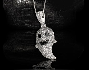 Iced Out Ghost Pendant Locket with Chain Moissanite Diamond Cute Ghost Necklace Sterling Silver Gothic Halloween Jewelry Gift Women's Girls