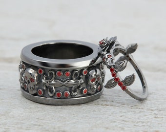 Flower Skull Engagement Ring Set His and Her Matching Couple Gothic Wedding Rings Red Garnet Fleur De Lis Sterling Silver Gun Metal Finish