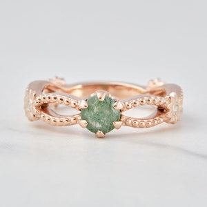 0.50ct Moss Agate Engagement Ring, Natural Moss Agate Ring For Women, Floral Flower Nature Inspired Ring, 10k 14k Rose Gold, Wedding Rings
