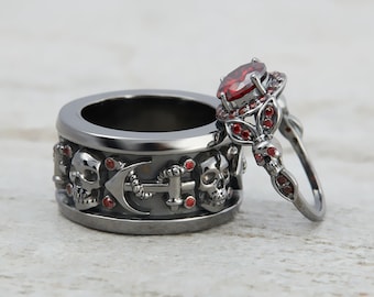 Skull Ring-Skull Couple Rings Set-Sterling Silver-Gothic Engagement Wedding Rings-His and Her Promise Anniversary Rings-Matching Couple Gift