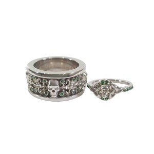 Skull Wedding Ring Set His and Her Promise Rings Goth Skull Engagement Couple Fleur De Lis Celtic Trinity 925 Sterling Silver Green Gemstone