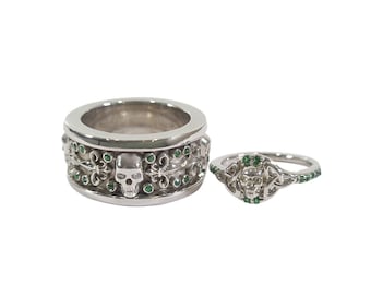 Skull Wedding Ring Set His and Her Promise Rings Goth Skull Engagement Couple Fleur De Lis Celtic Trinity 925 Sterling Silver Green Gemstone