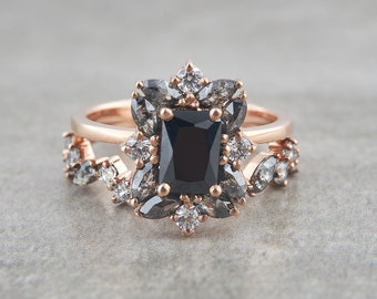 Salt and Pepper Diamond Ring Rose Gold Engagement Ring Set Emerald Natural Black Diamond Wedding Ring Set Round Moissanite Sterling Silver
