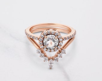 14-karätiges Roségold-Diamant-Brautring-Set, klassischer Halo-Verlobungsring, gebogener Ehering für Frauen, 1,25 Karat AAA-Zirkonia, Jubiläumsgeschenk