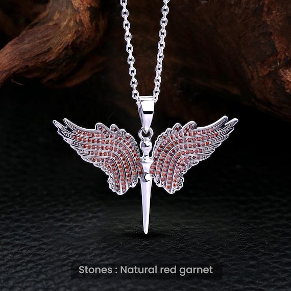 Natural Garnet Wings Angel Necklace - Sterling Silver Spiritual