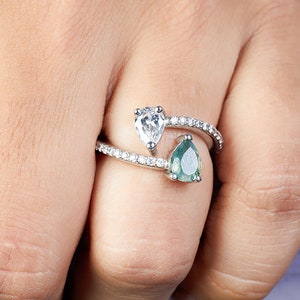 Toi et Moi Ring-Pear Cut-Natural Moss Agate-Diamond-Engagement Ring for Women-Dainty Promise Ring-2 Stone-Open-Sterling Silver-White Gold