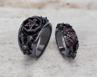 Satanic Pentagram Skull Wedding Rings Couple Gothic Engagement