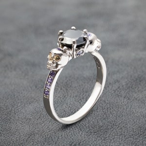 Skull Ring Women Sterling Silver Purple Amethyst and Black Onyx Skull Engagement Ring Till Death Wedding Ring Gothic Rings Halloween Jewelry