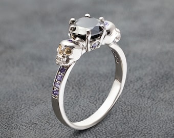 Skull Ring Women Sterling Silver Purple Amethyst and Black Onyx Skull Engagement Ring Till Death Wedding Ring Gothic Rings Halloween Jewelry