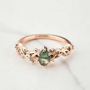 Oval Cut Natural Moss Agate Ring Sterling Silver Rose Gold Engagement Ring for Women Promise Rings Green Gemstone Leaf Vine Nature Inspired