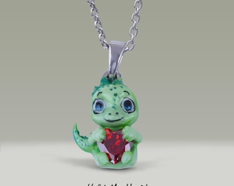 3D Enamel Baby Dinosaur Pendant Necklace Sterling Silver Red Garnet "Hold My Heart" Dinosaur Charm Kids Fairytale Jewelry Personalized Gift