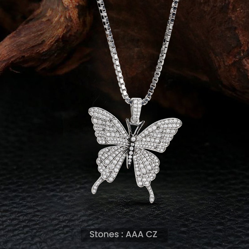 Butterfly Necklace, 925 Sterling Silver AAA CZ Diamond Iced Out Butterfly Pendant Necklace, Hip Hop Jewelry, Nature Lover Gift Two Tone Handmade Free Shipping