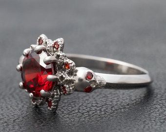 Red Garnet Skull Ring Sterling Silver - Vampire Engagement Ring for Women, Witch Jewelry