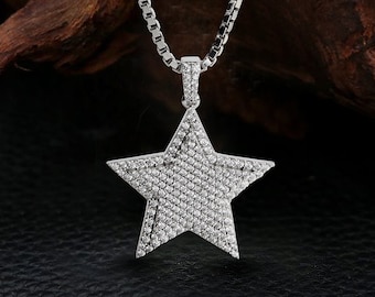 Collar de estrella en plata de ley 925 con colgante de estrella brillante engastado con circonitas cúbicas y diamantes. Collar celestial, joyería de estilo hip hop para amantes del rap.