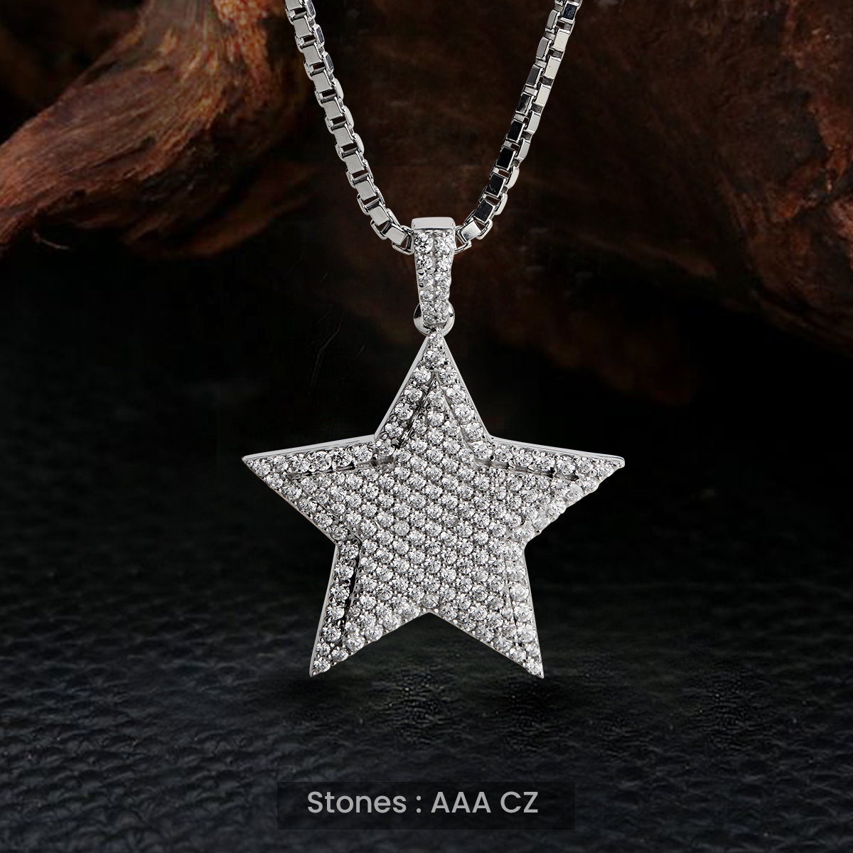 STAR JEWELRY　925 K14 CZ Star Necklace 925 Sterling Silver CZ Diamond Iced Out