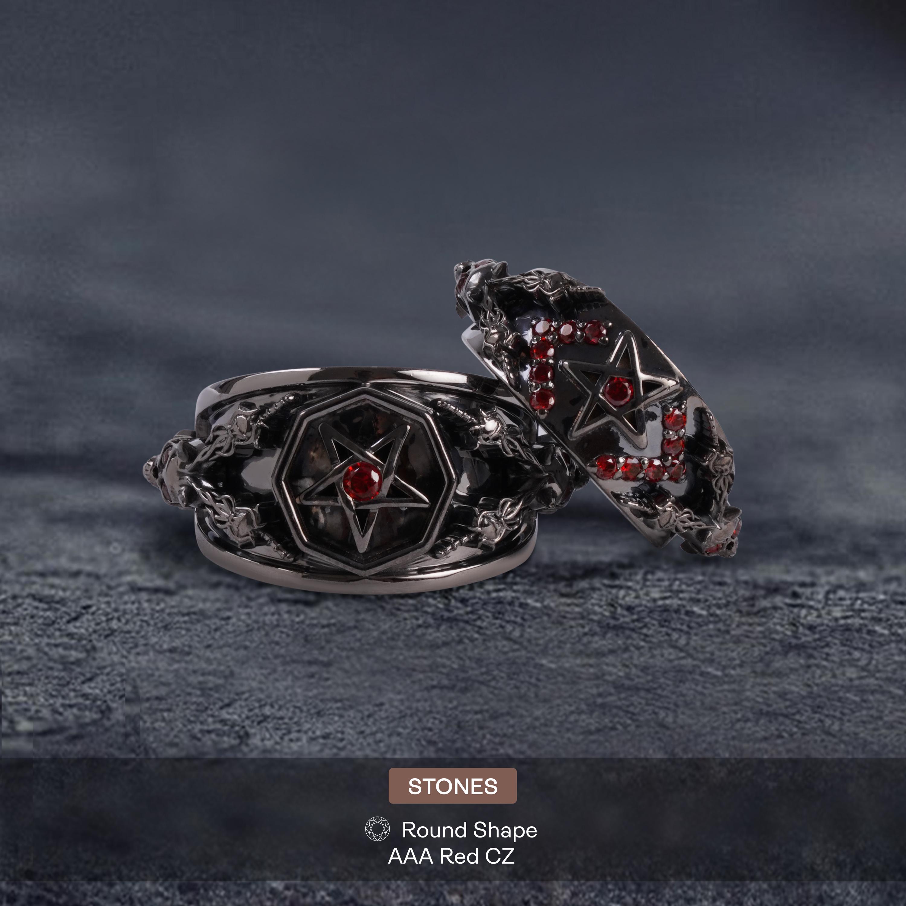 Satanic Pentagram Skull Wedding Rings Couple Gothic Engagement 