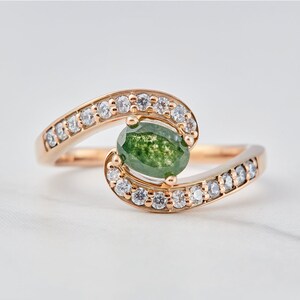 Natürlicher Grüner Oval Cut Ring, Moosachat Verlobungsring für Frauen, Twisted Ring, Rosévergoldet 925 Sterling Silber, Healing Schmuck Geschenk